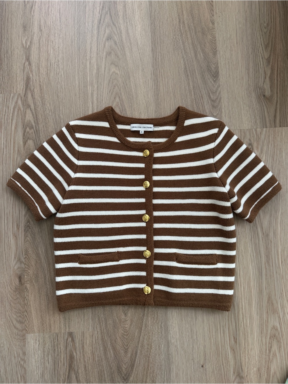 English Factory Brown & White Striped Short-Sleeve Knit Cardigan